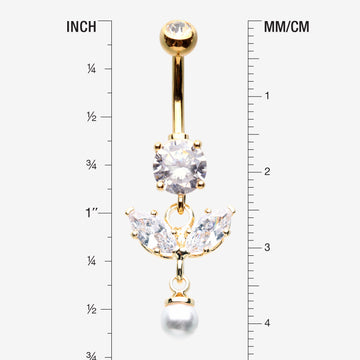 Detail View 1 of Golden Marquise Sparkle Leaflet Gem Pearlescent Dangle Belly Button Ring-Clear Gem